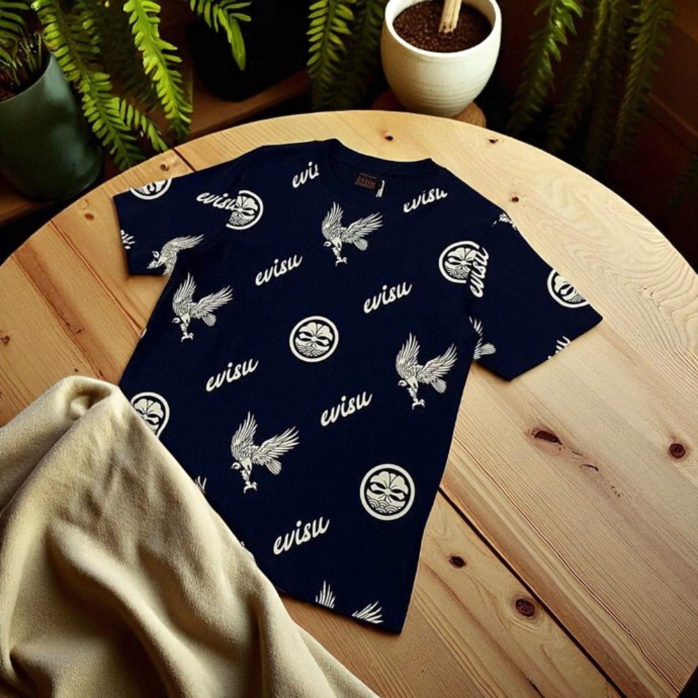 Evisu Blue Short Sleeve Tee with Unique Motifs
